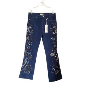 DRIFTWOOD Blue Boot Cut Pants with Paisley Embroidery